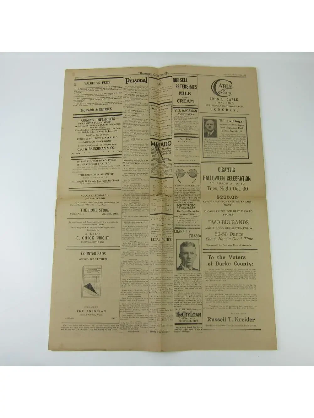 The Ansonian Newspaper Ansonia Darke County Ohio Thursday Oct 1928 Antique RARE